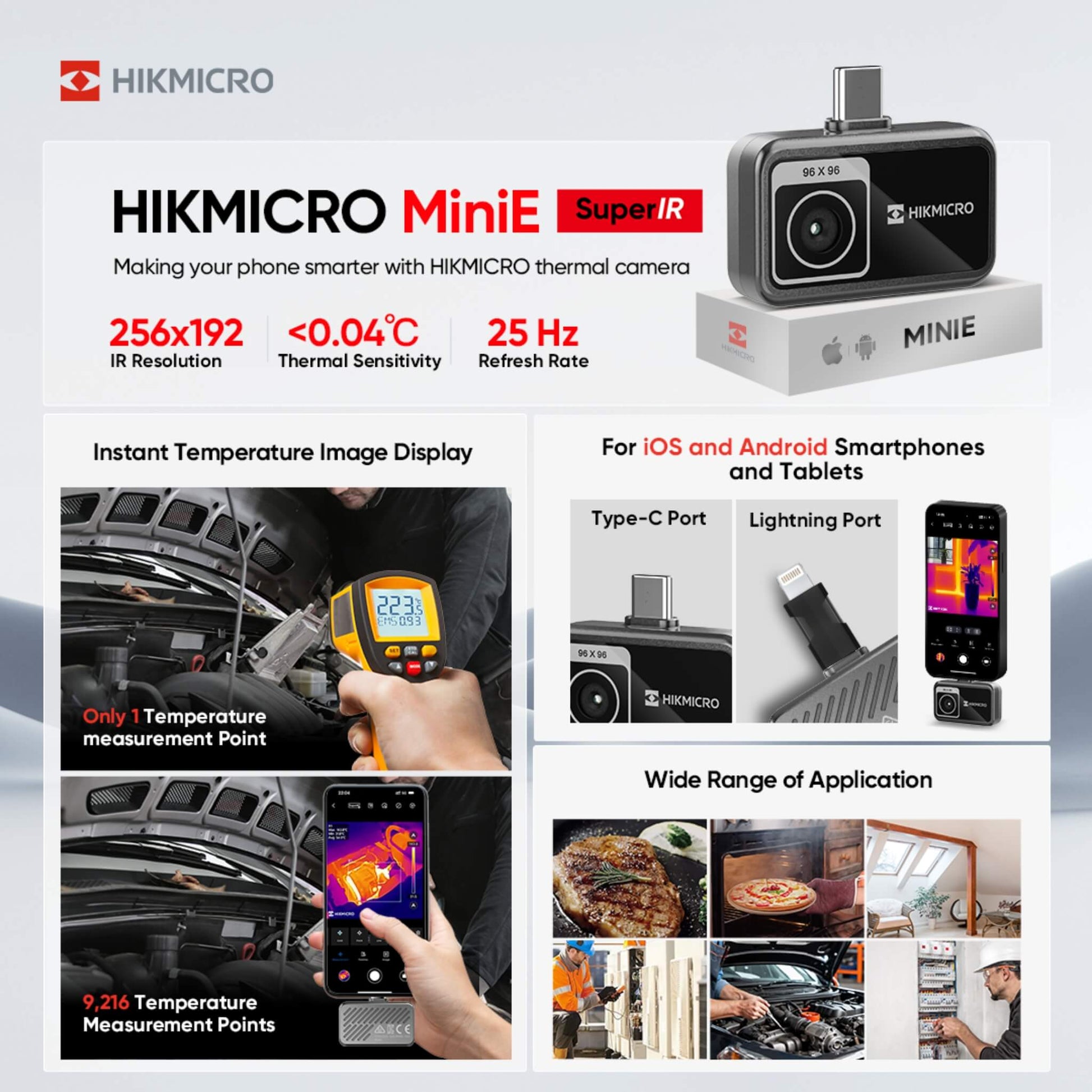 Hikmicro MiniE thermal camera with product features and usage scenarios.