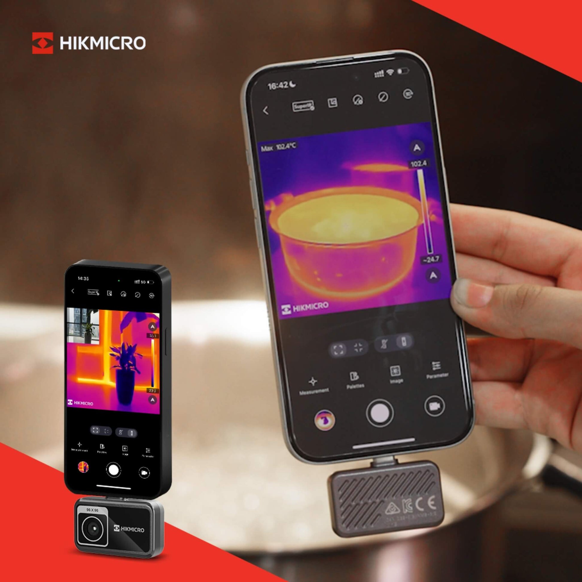 Phone with Hikmicro MiniE thermal imaging app displaying a cup, held by a hand, with Hikmicro branding.