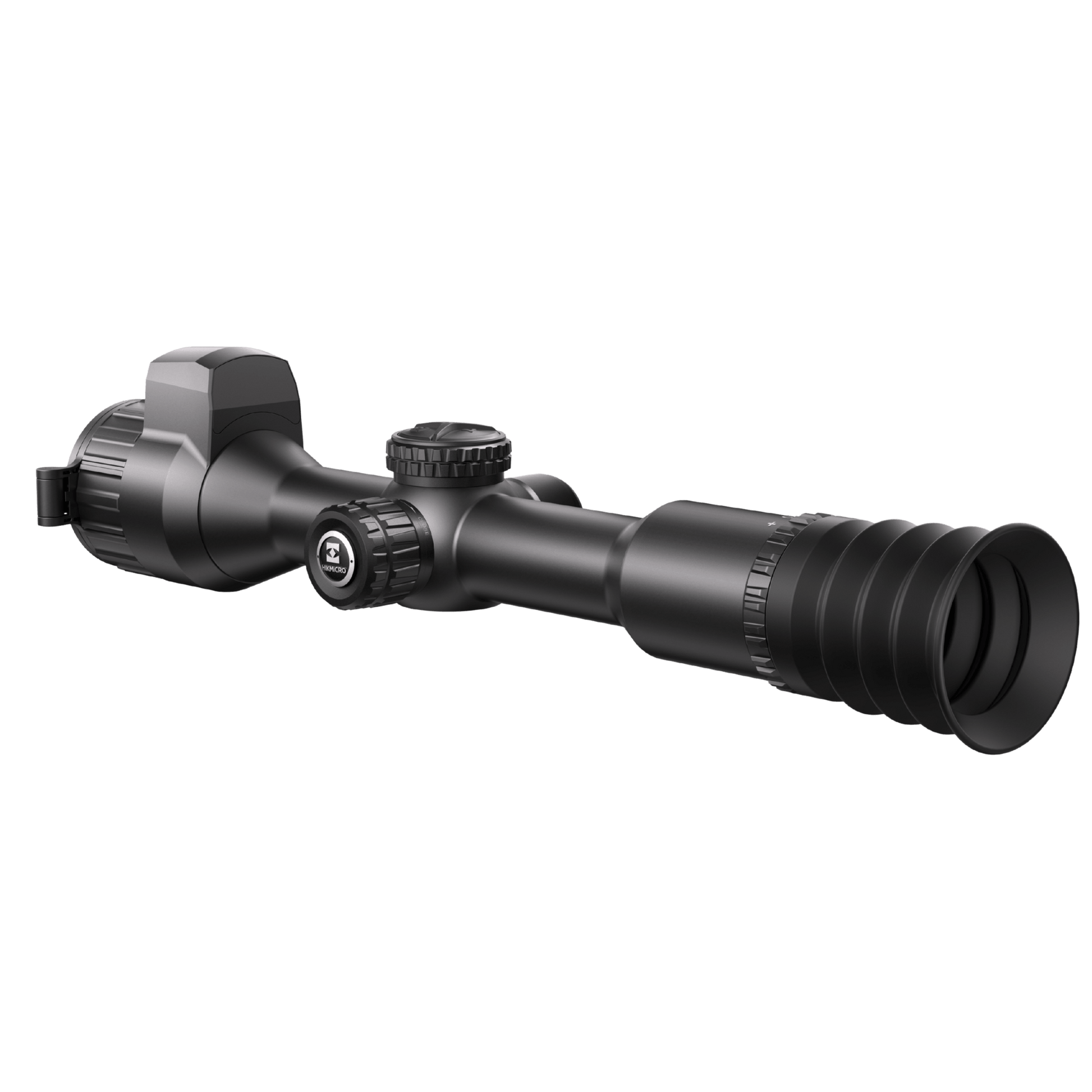 Rear left view of the HIKMICRO NEOS NH25L thermal scope, highlighting the side-mounted control turret and eyepiece focusing mechanism
