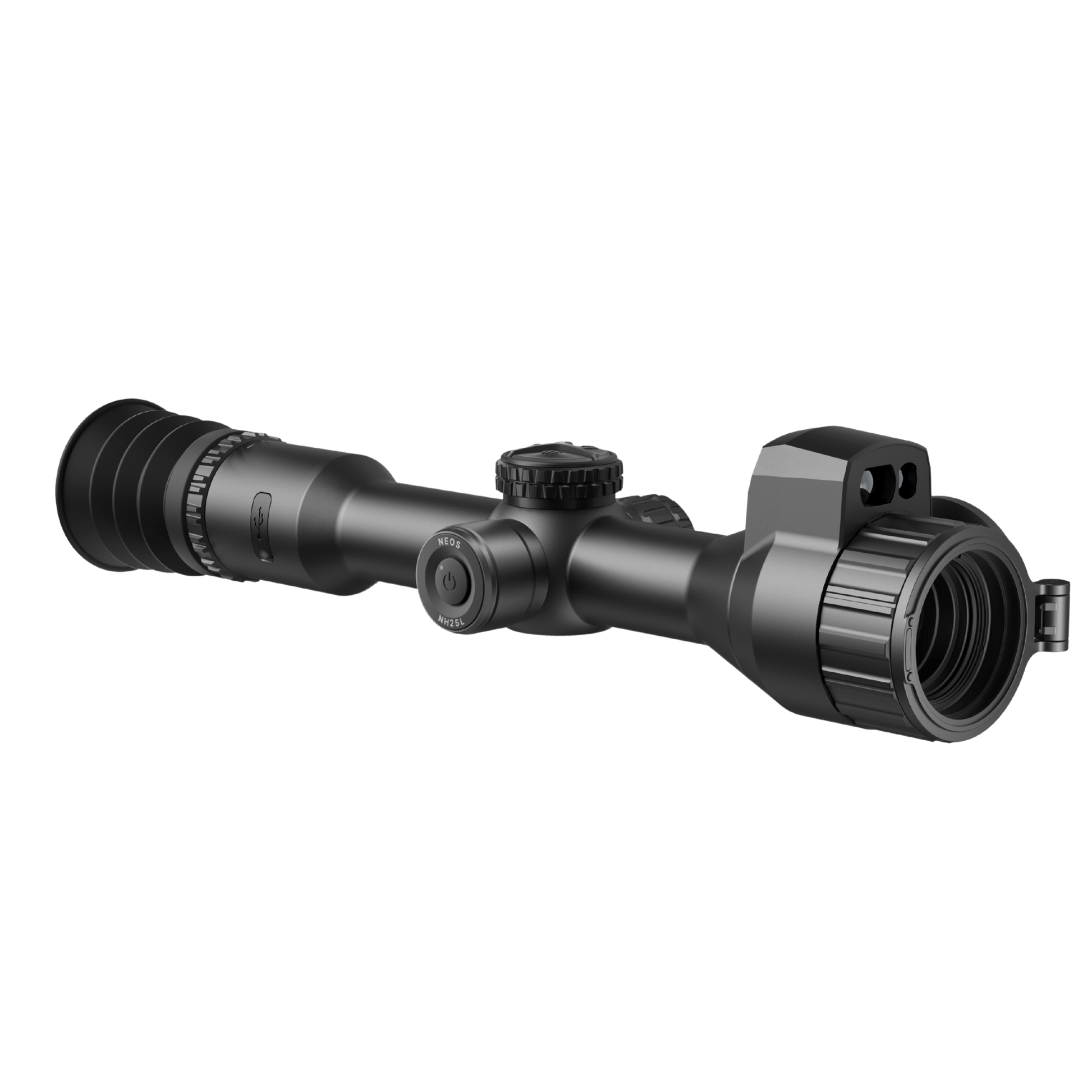 Front left angle profile of the HIKMICRO NEOS NH25L, highlighting the side profile of the LRF housing and the ergonomic main tube design.