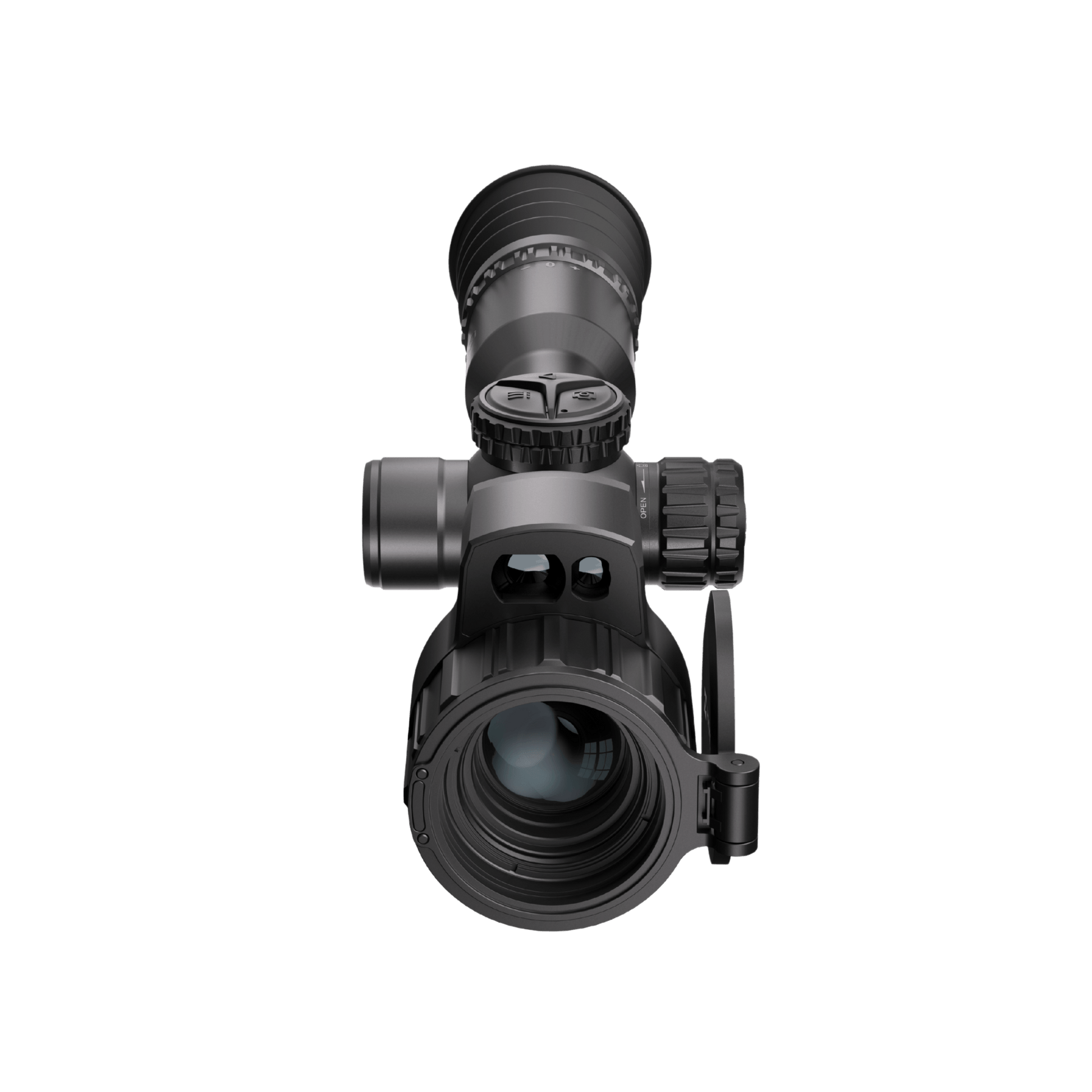 Front direct view of the HIKMICRO NEOS NH25L thermal imaging scope, focusing on the 25mm objective lens aperture and the top-mounted LRF sensor module.