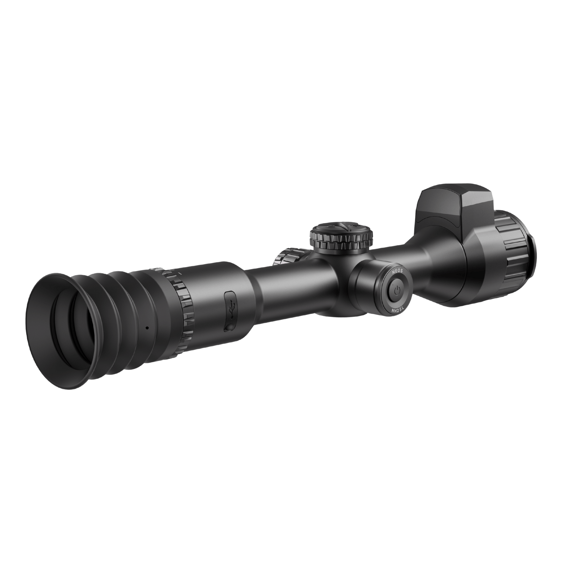 Rear right perspective of the HIKMICRO NEOS NH25L thermal scope, showing the eyepiece diopter adjustment and the robust rear mounting interface.