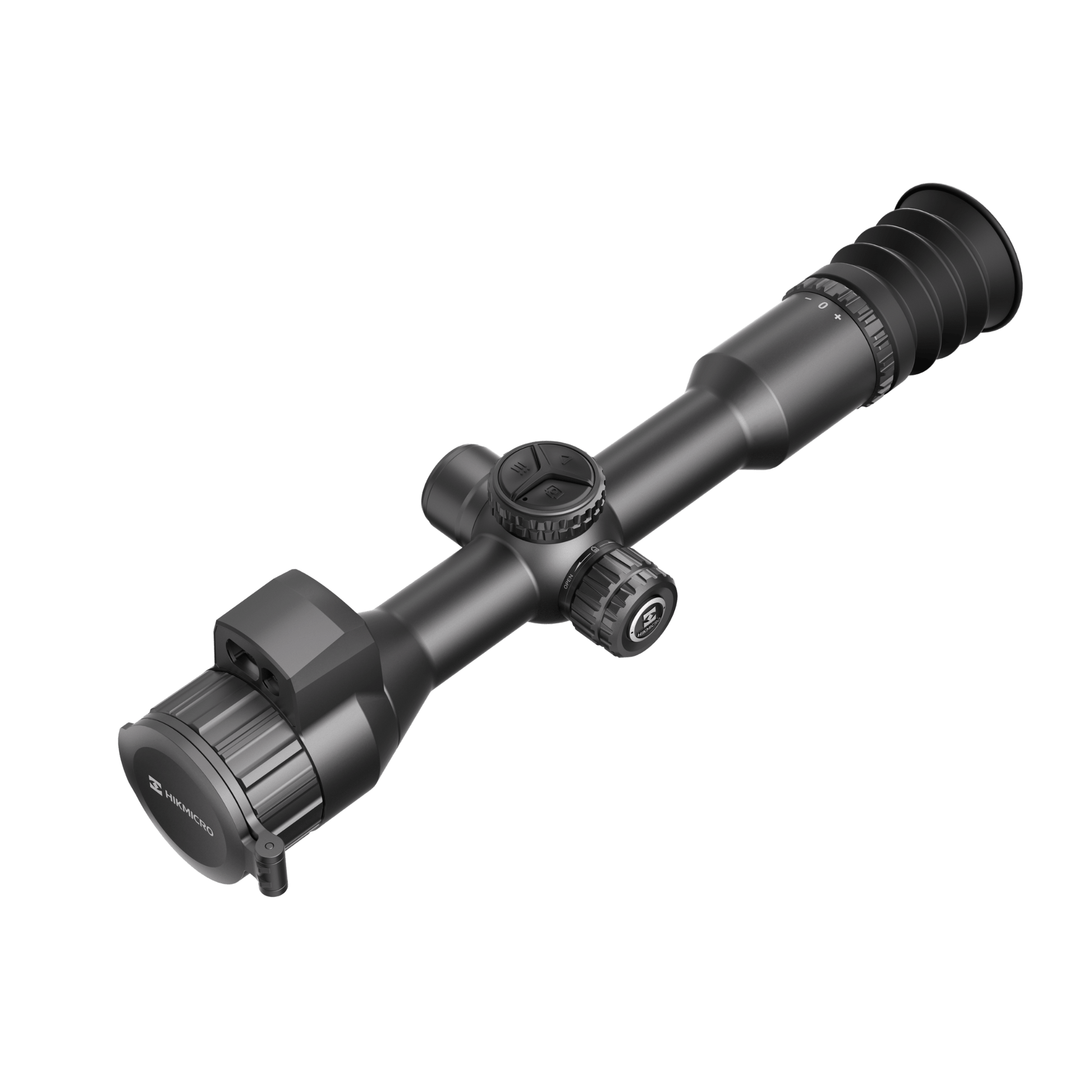 Top-down view of the HIKMICRO NEOS NH25L thermal scope, showing the integrated Laser Rangefinder turret, adjustment dials, and the streamlined chassis alignment.