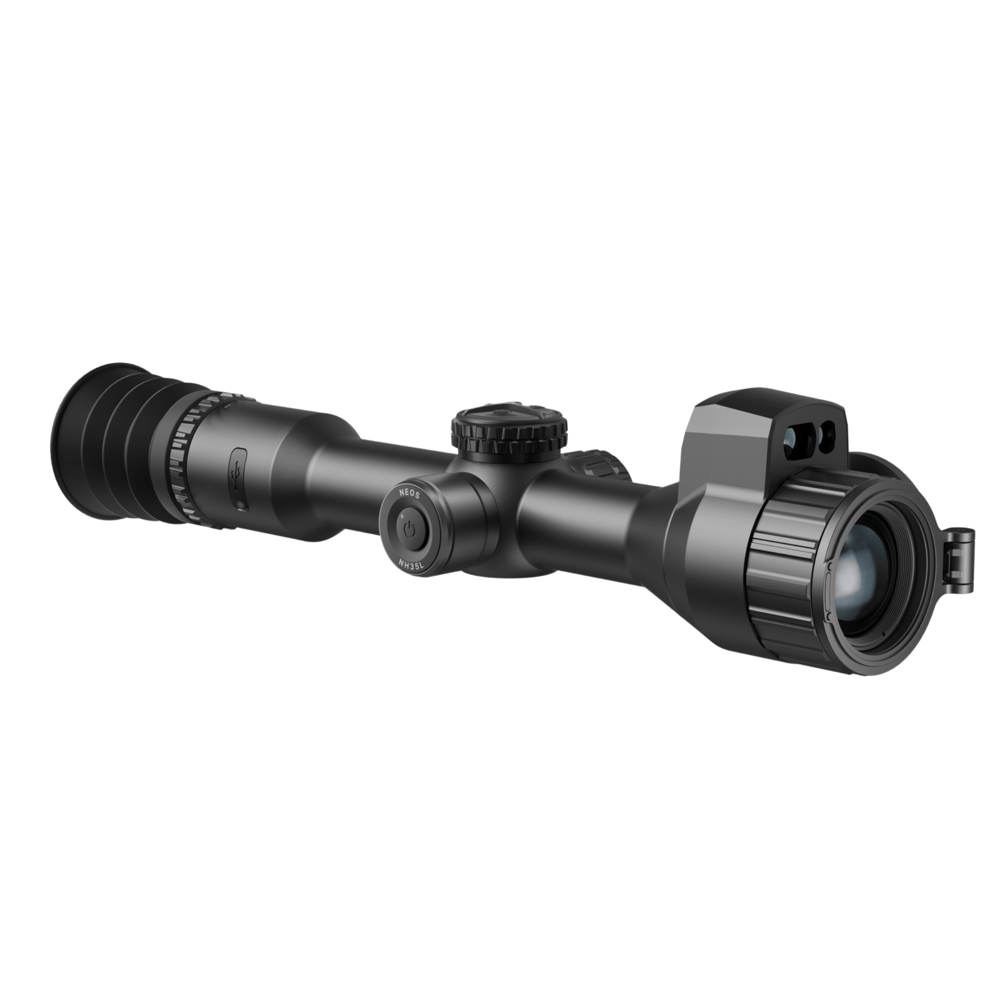 Front-left three-quarter perspective of the HIKMICRO NEOS NH35L thermal rifle scope, displaying the 35mm objective lens assembly with its rubber flip-up lens cap, the ergonomic left-hand focus ring, and the micro-profile of the integrated laser rangefinder (LRF) optical receiver module housing