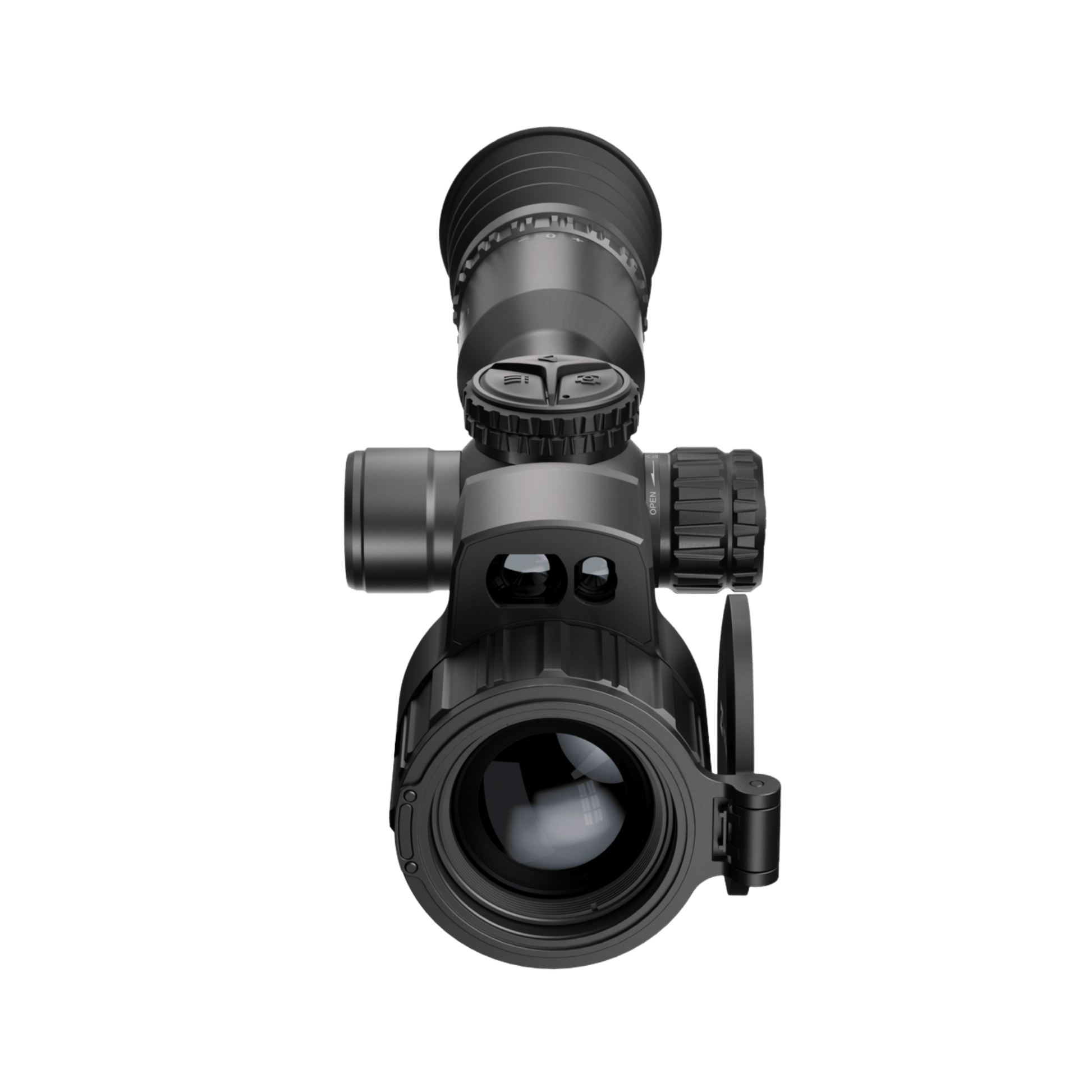 Direct front lens view of the HIKMICRO NEOS NH35L thermal scope, highlighting the large 35mm objective lens assembly, protective flip-up lens cap, and the integrated alignment profile of the laser rangefinder (LRF) module