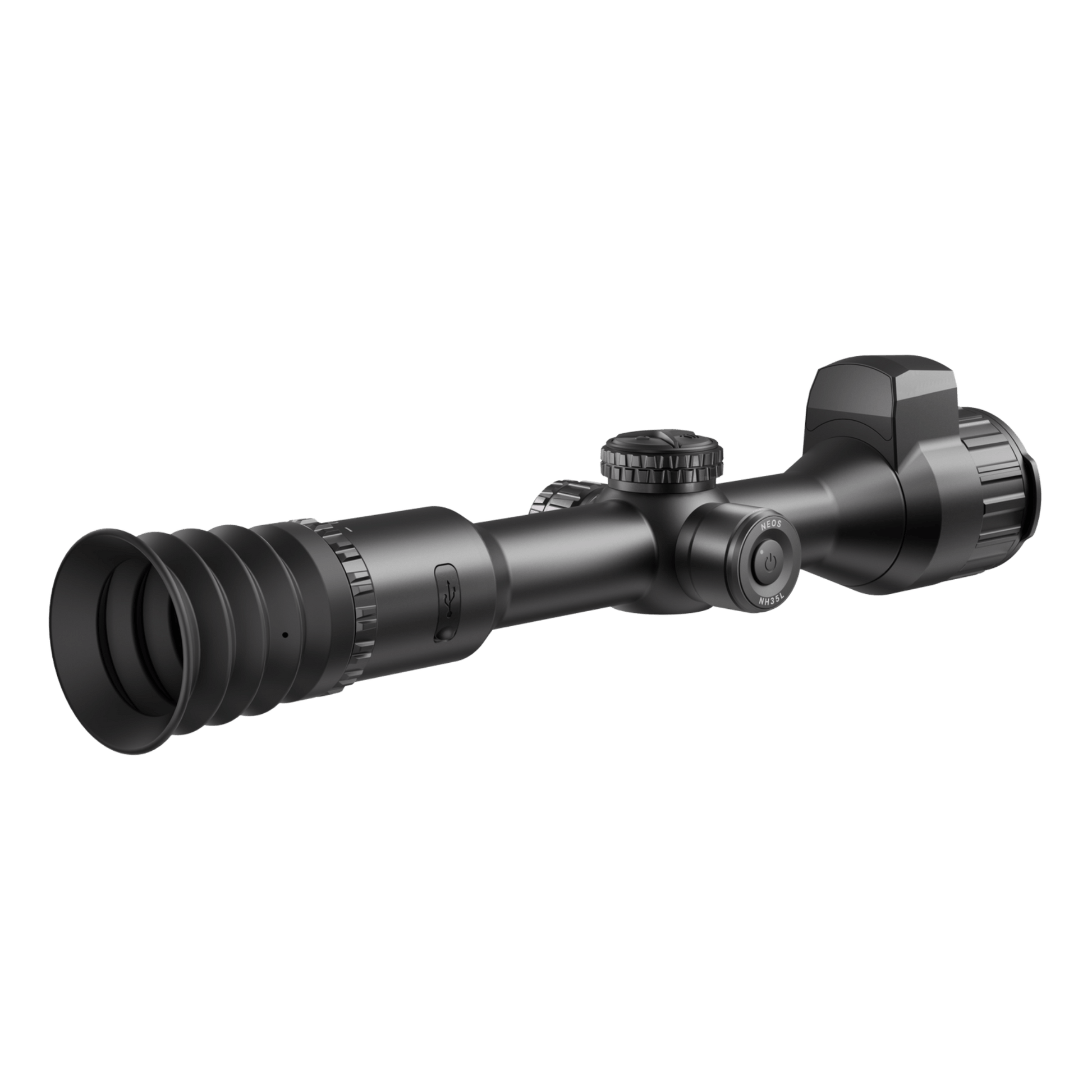 Rear-right profile view of the HIKMICRO NEOS NH35L thermal rifle scope, highlighting the ergonomic rubber eye cup, the integrated USB Type-C charging and data port, and the high-visibility NEOS model nomenclature printed on the turret housing near the primary tactical power button