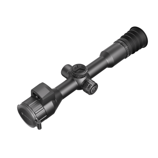 Top-down view of the HIKMICRO NEOS NH35L control turrets and button layout on the 30mm aluminum tube, showcasing the tactical interface for field adjustments
