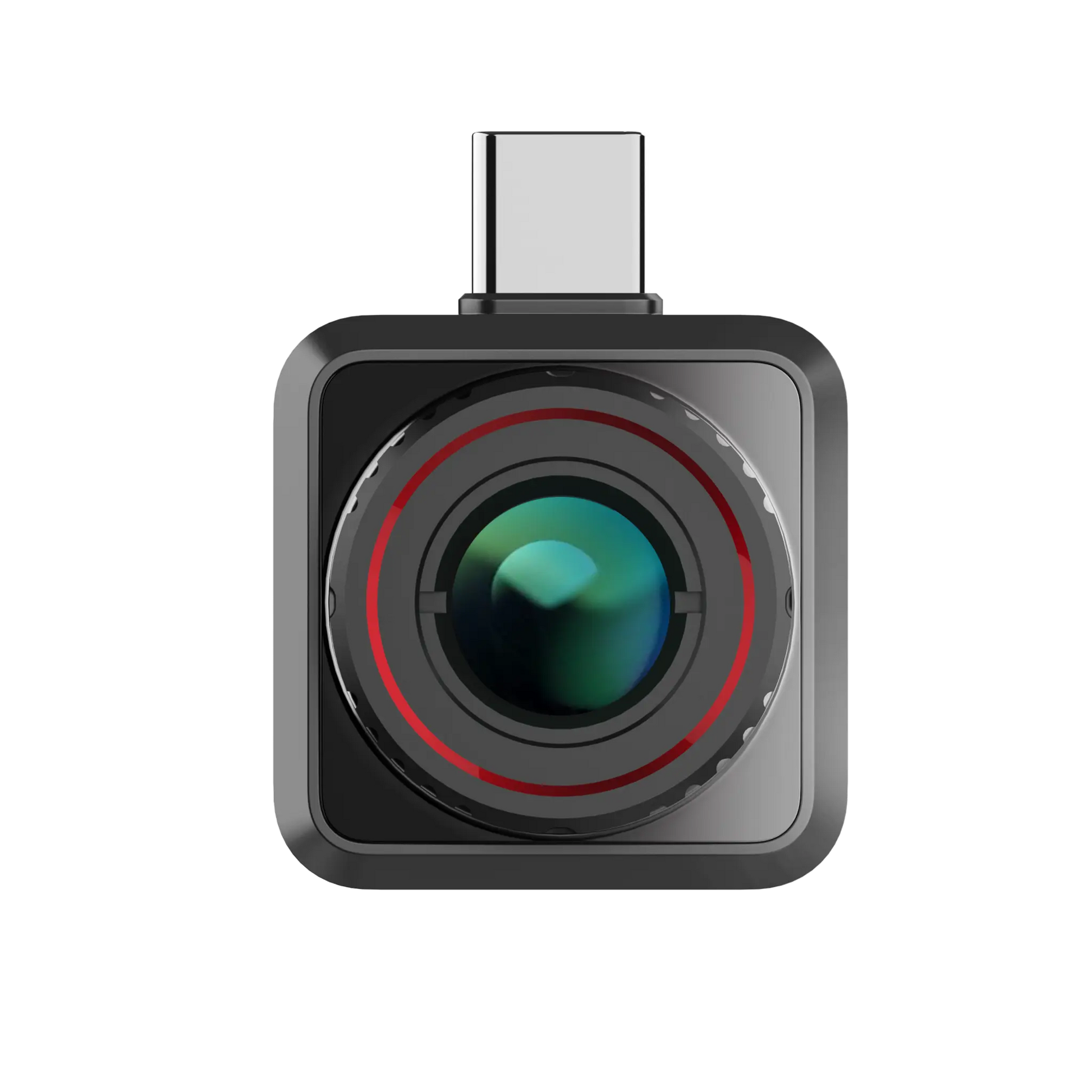 A black Hikmicro Explorer E20 Plus thermal camera with a red ring around the lens and a USB-C connector. Facing to the front