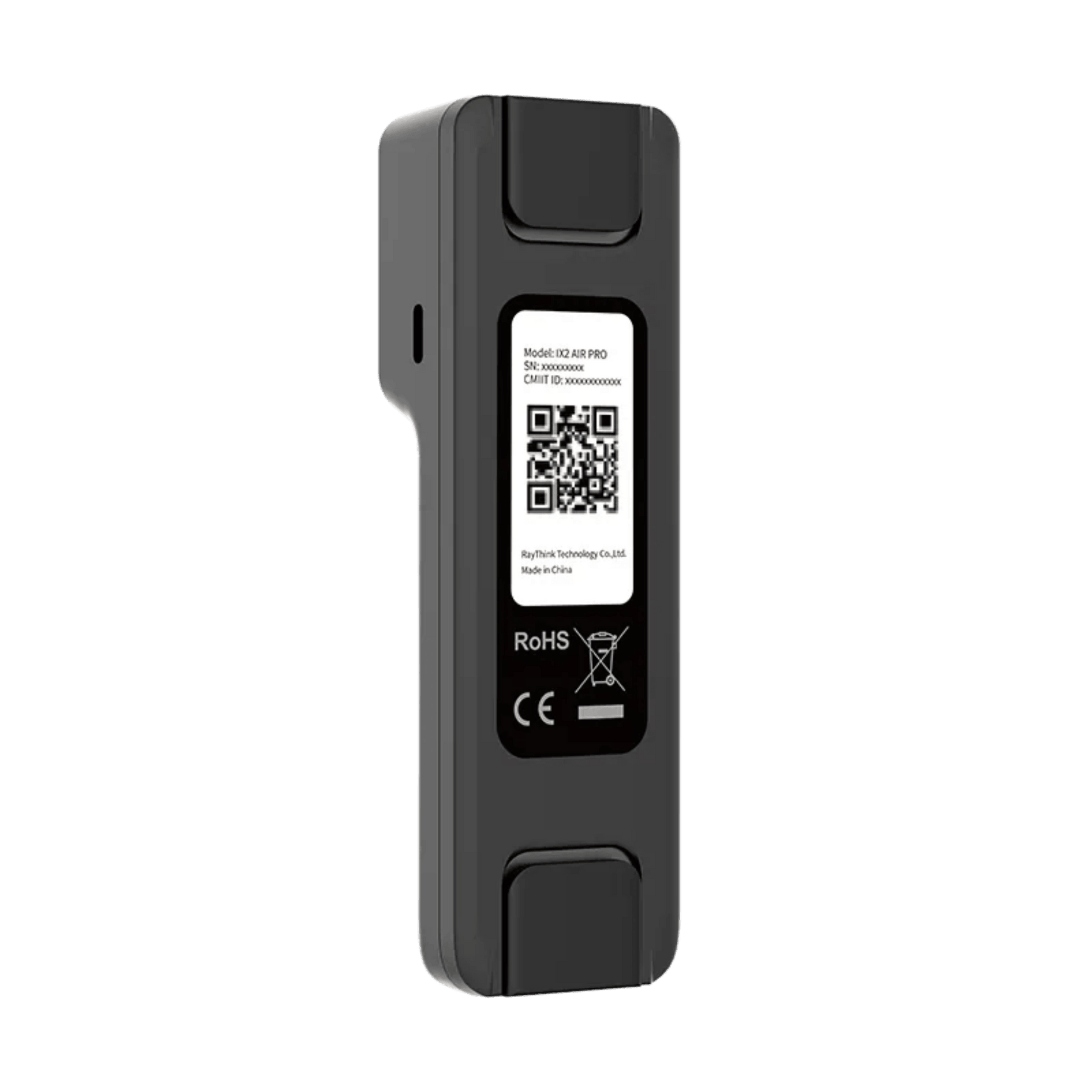 Rear left view of the Raythink IX2 AIR Pro showing the adjustable industrial phone clip, standard UNC 1/4-20 tripod mounting thread, and IP54 rugged housing for field inspections.