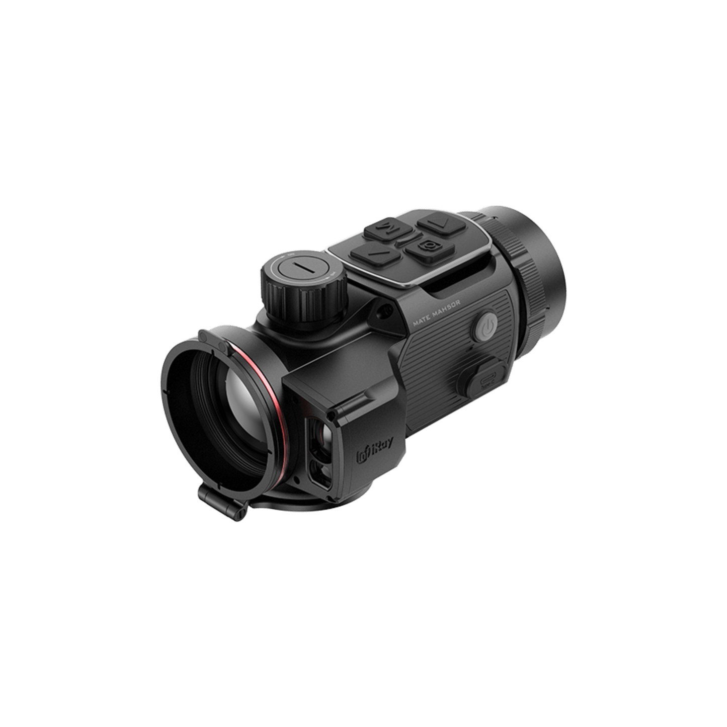 A black InfiRay MATE MAH50R thermal imaging clip-on attachment with red accents, buttons on top, and the lens facing forward.