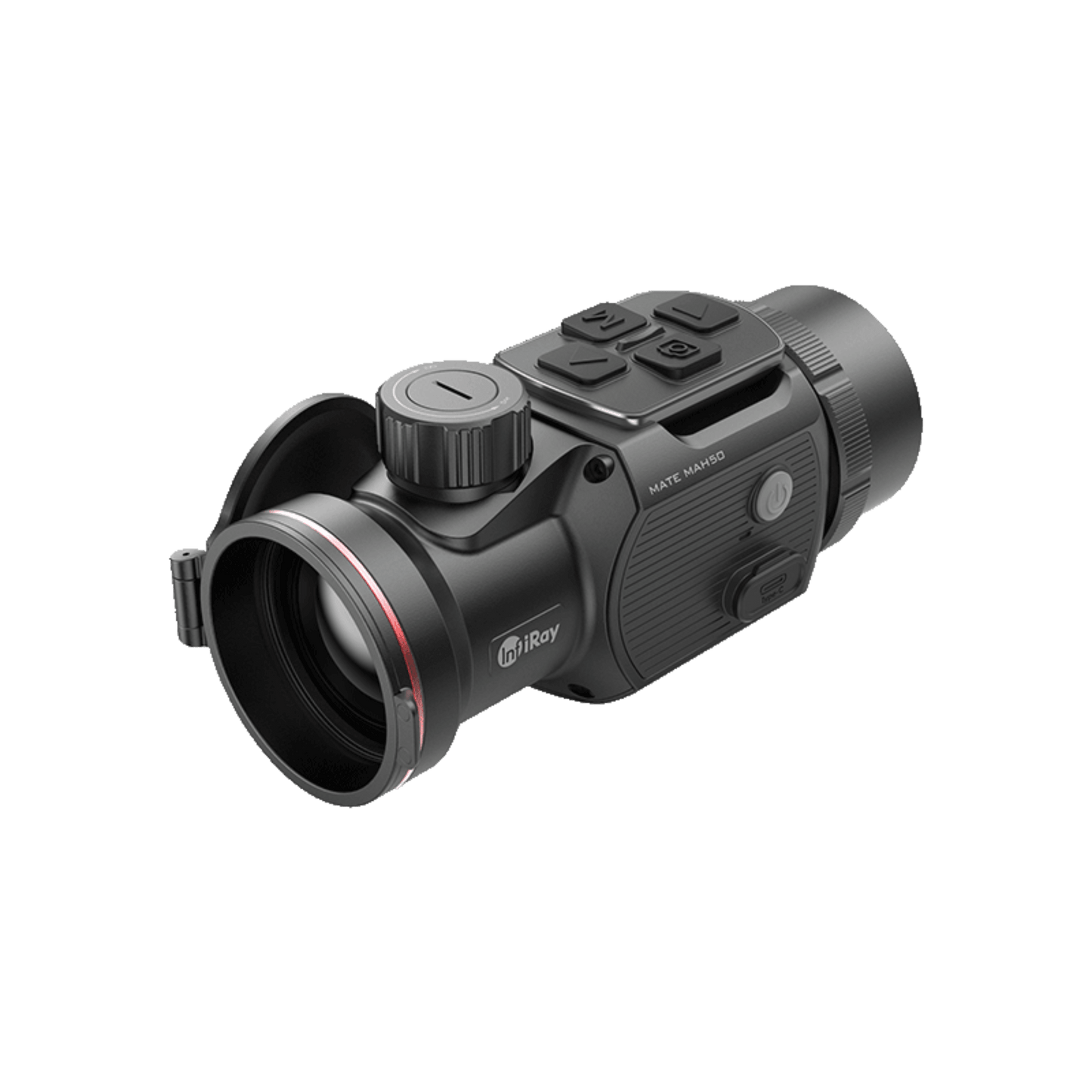  InfiRay MAL25 thermal imaging clip-on attachment, shown facing left with the lens on the left and control buttons on top.