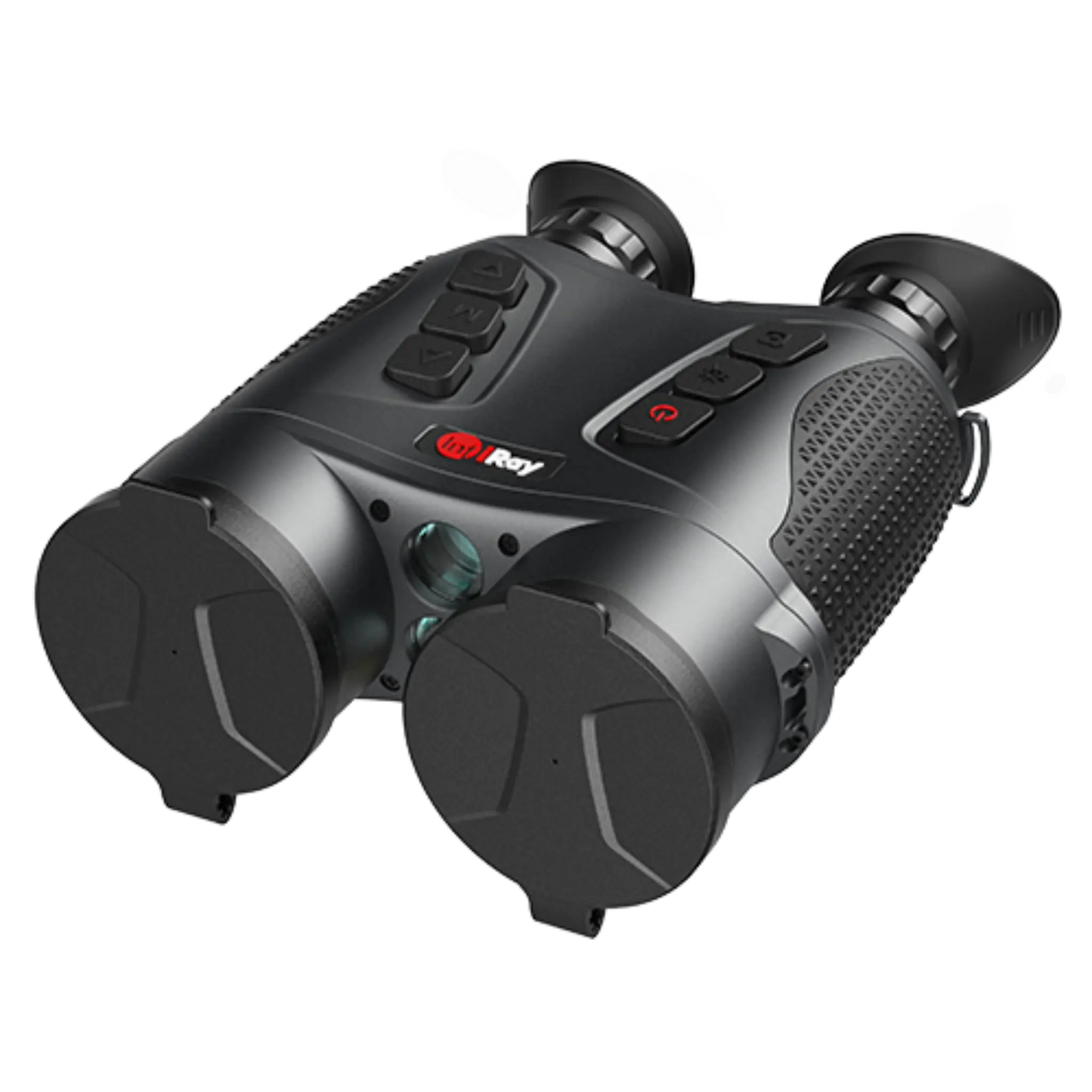 Slightly facing left view of InfiRay Gemini GEH50R thermal imaging binoculars, showcasing the dual lenses, control buttons, and ergonomic design.