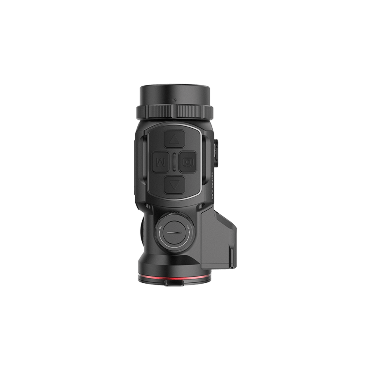 A black InfiRay MATE MAH50R thermal imaging clip-on attachment with red accents, buttons on top, the device is from top view