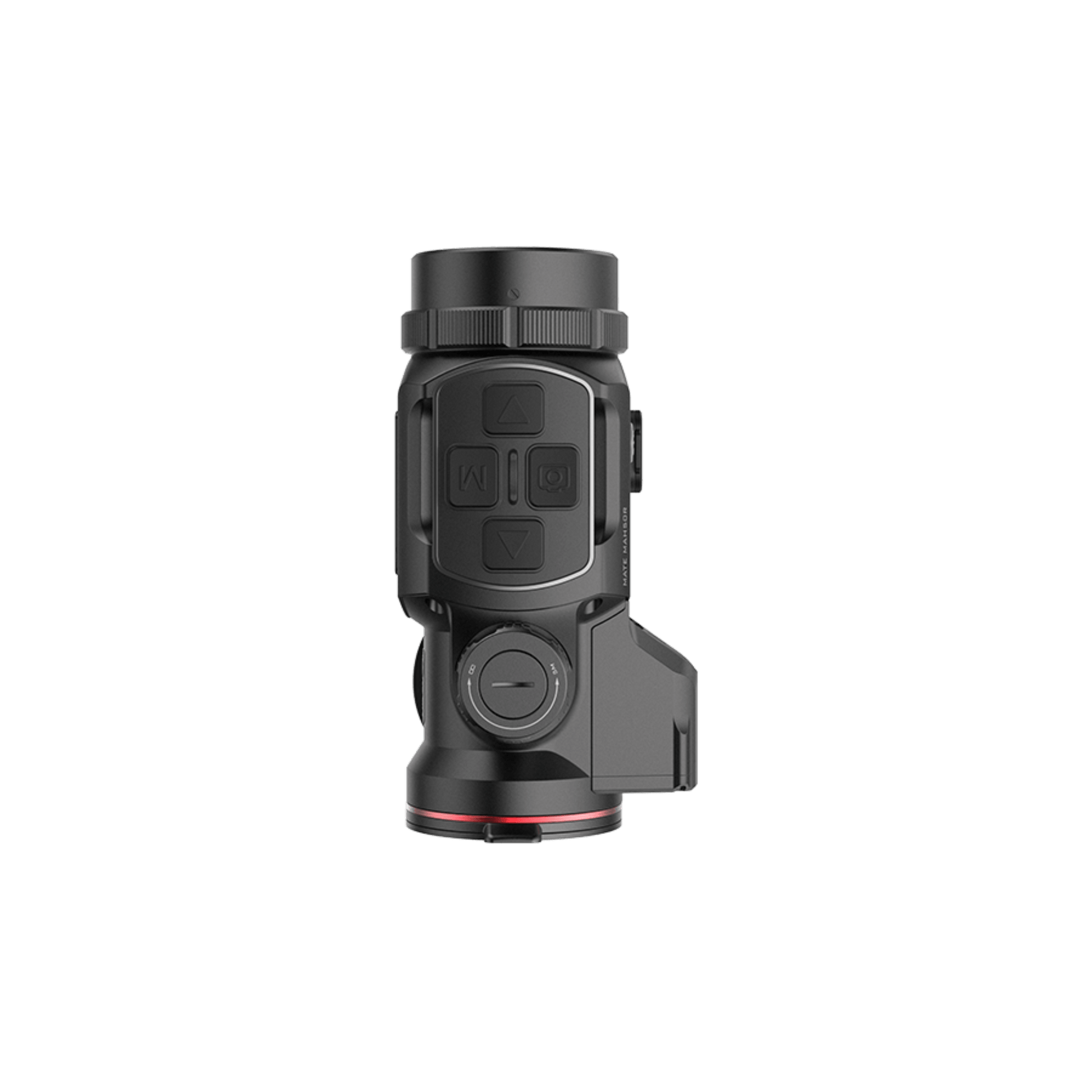 A black InfiRay MATE MAH50R thermal imaging clip-on attachment with red accents, buttons on top, the device is from top view