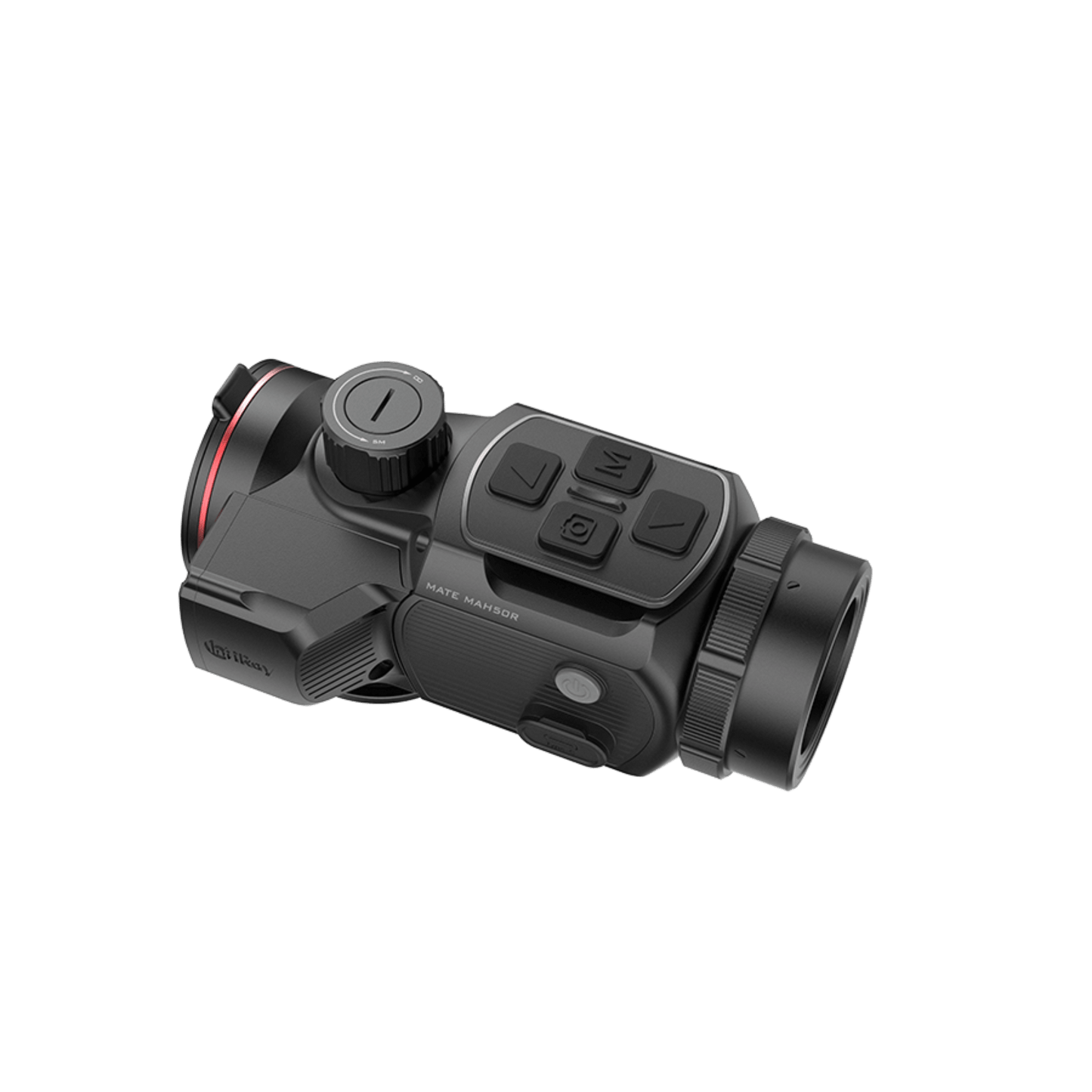 A black InfiRay MATE MAH50R thermal imaging clip-on attachment with red accents, buttons on top, and the lens facing backward.