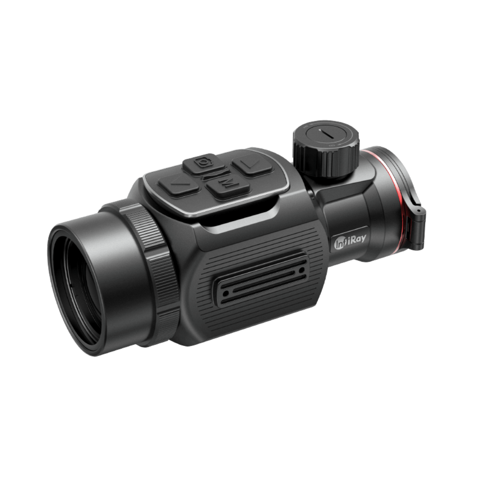  InfiRay MAL25 thermal imaging clip-on attachment, shown facing  back and left and control buttons on top.