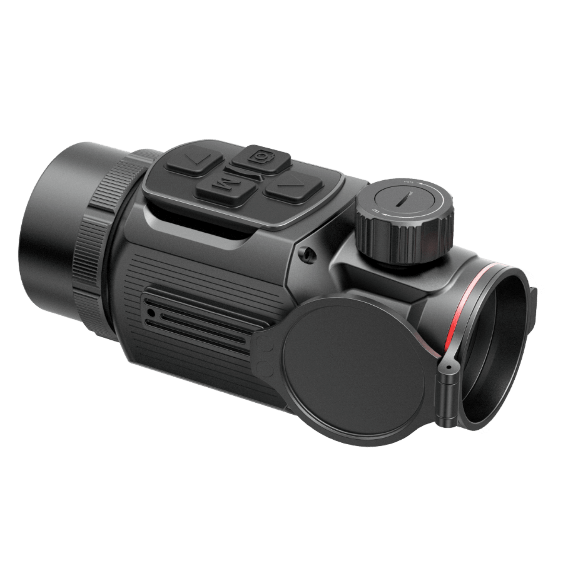  InfiRay MAL25 thermal imaging clip-on attachment, shown facing right with the lens on the left and control buttons on top.