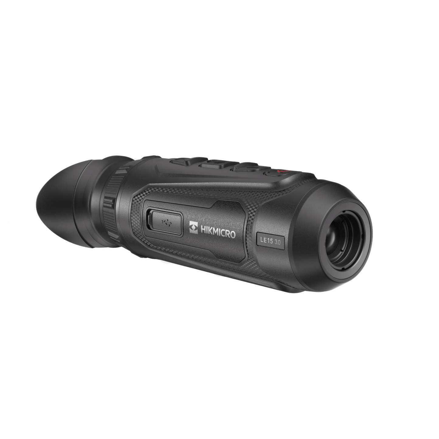 Left front view of the Hikmicro Lynx 3.0 LE15S thermal monocular displaying the Hikmicro logo, LE15 3.0 model name, front 15mm objective lens, and top-mounted control buttons.