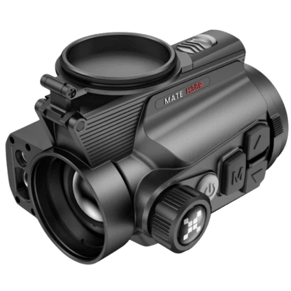 Front-right view of theNocpix MATE thermal imaging attachment. Featuring side buttons with remote control and a 38mm lens with a 640x512 thermal sensor