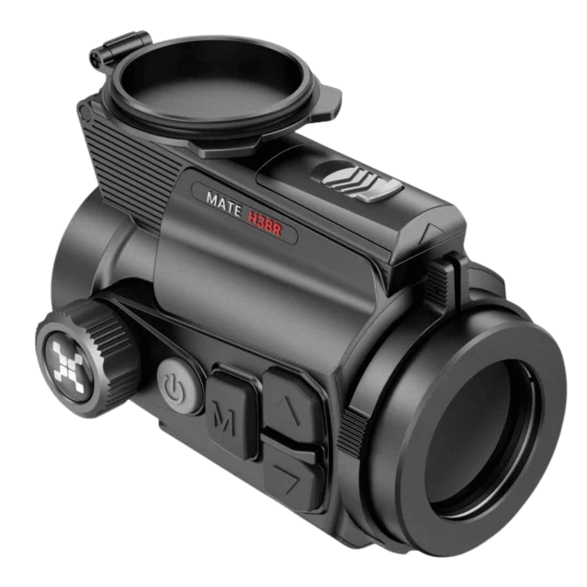 Rear-Left perspective of the Nocpix MATE H38R Series thermal clip-on attachment featuring its rugged magnesium alloy housing and integrated control buttons