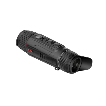 A Nocpix VISTA H35 thermal monocular shown from a rear-left angle, focusing on the eyepiece, control buttons, and ergonomic grip.