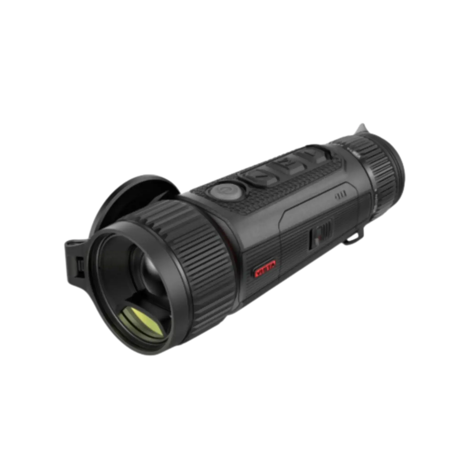 A Nocpix VISTA H35R thermal monocular with a laser range finder visibly integrated above the objective lens, shown from an angled view.