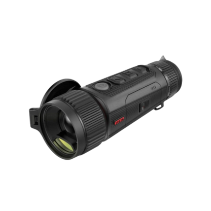 A Nocpix VISTA H35R thermal monocular with a laser range finder visibly integrated above the objective lens, shown from an angled view.