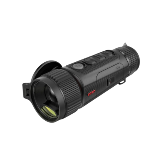 A Nocpix VISTA H35R thermal monocular with a laser range finder visibly integrated above the objective lens, shown from an angled view.