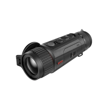 A Nocpix VISTA H35 thermal monocular, black in color, shown from a front-left angled view, highlighting its objective lens and ergonomic body.