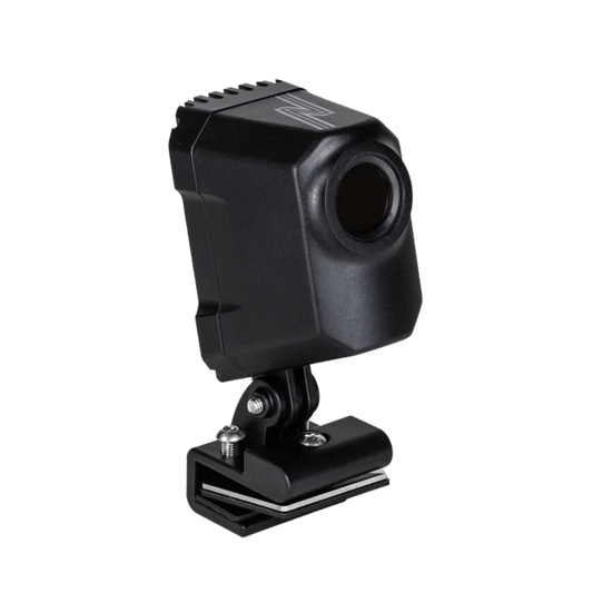 A compact, rugged NightRide Trailblazer 384 thermal camera unit mounted on a vehicle hood. The device features a sealed IP69-rated housing designed to withstand extreme weather, with a 9mm lens facing forward and analog RCA cabling for connectivity. Front Right view of thermal camera