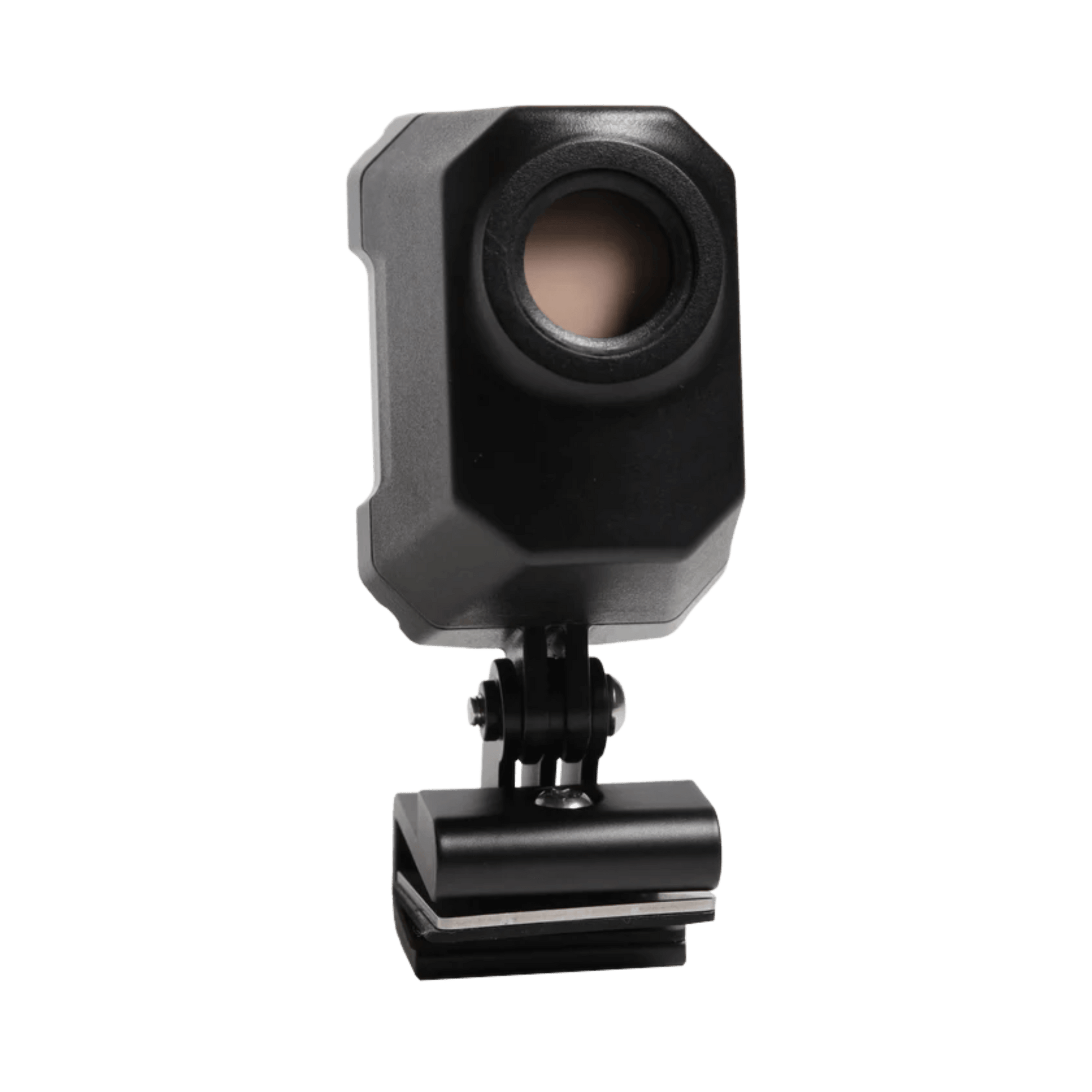 A compact, rugged NightRide Trailblazer 384 thermal camera unit mounted on a vehicle hood. The device features a sealed IP69-rated housing designed to withstand extreme weather, with a 9mm lens facing forward and analog RCA cabling for connectivity. Front view of thermal lens