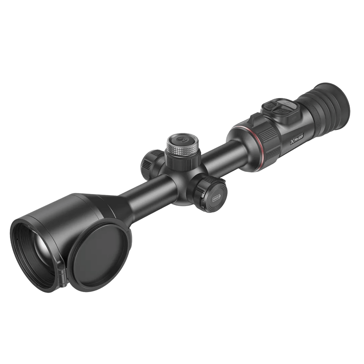 Front right angled view of the Nocpix ACE 2 H50R thermal riflescope, highlighting the 50mm F0.9 objective lens, integrated 1200m LRF module, and top central turret focus wheel
