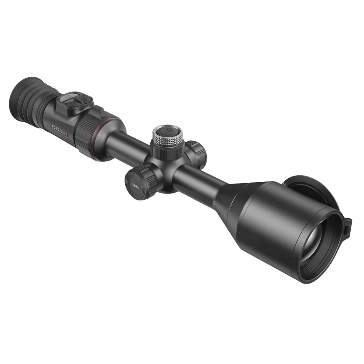 Front right perspective of the Nocpix ACE 2 S60R showing the 60mm F1.0 Germanium lens element, laser rangefinder emitter, and magnesium body finish