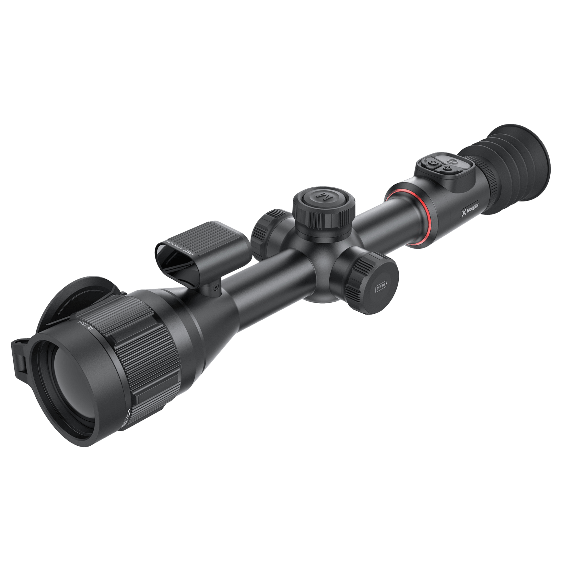 Profile view of the Nocpix Bolt H50R thermal riflescope mounted on a clean background, showcasing its traditional 30mm tube design, tactile control turret, and premium 50mm F1.0 objective lens assembly