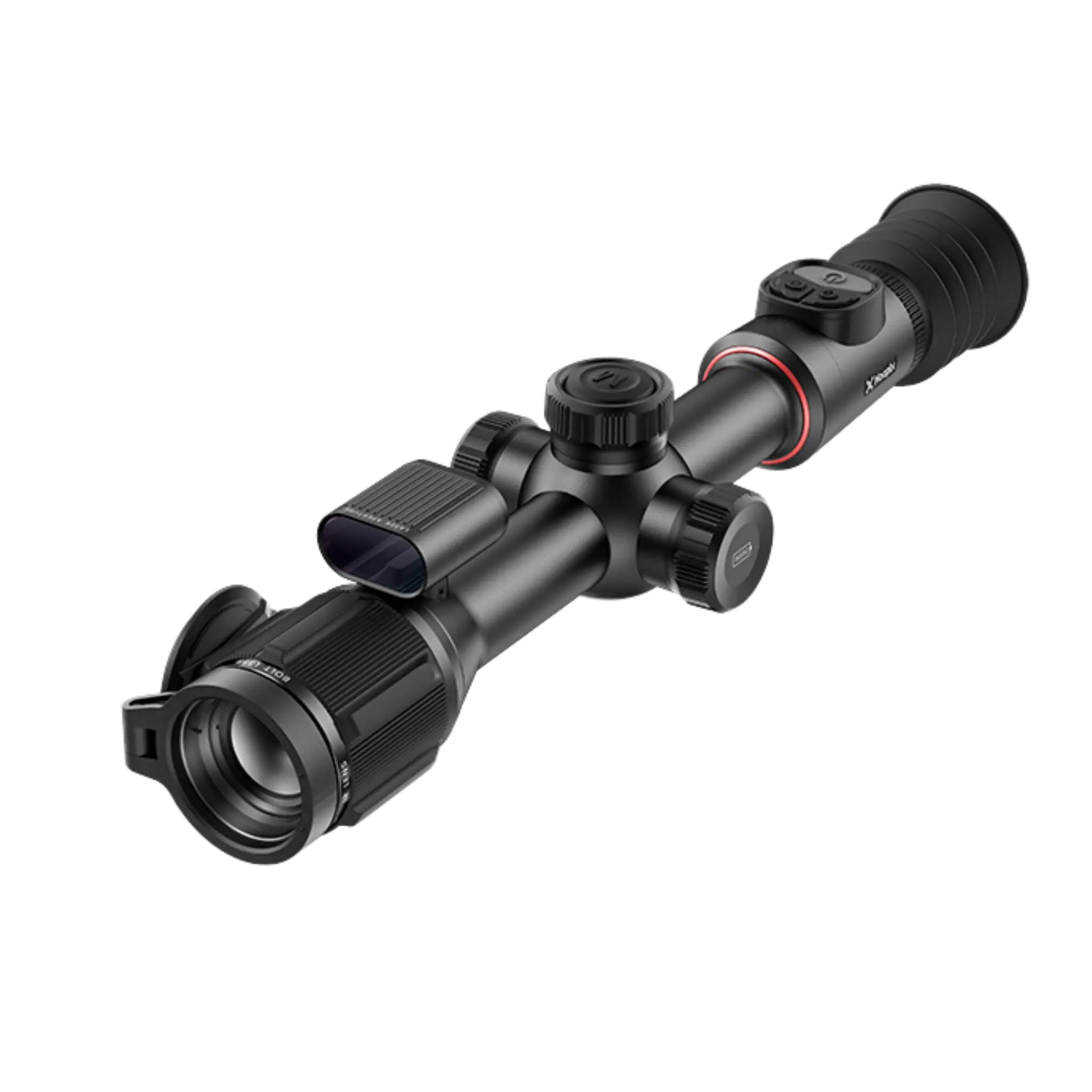 A black Nocpix Bolt L35R thermal scope shown from a front-left angle, highlighting the objective lens with its lens cap, the integrated laser rangefinder module, and the turrets on the main tube.