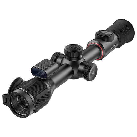 A black thermal riflescope, the Noctpix Bolt P25R, is shown from a left-side angle. The scope has a wide front objective lens, a central body with turrets for adjustments