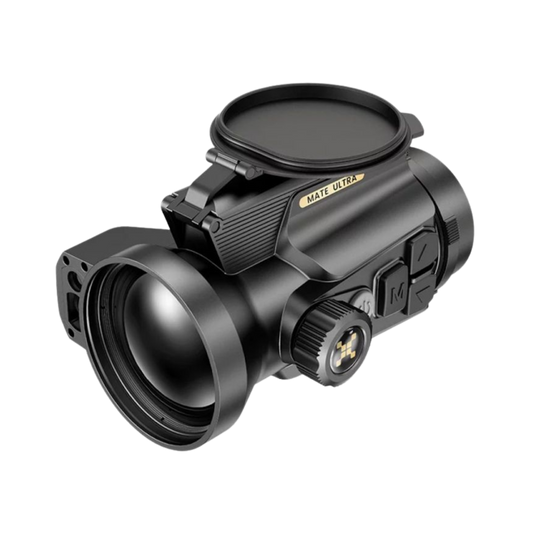 Nocpix Mate ULTRA S60R thermal clip-on front right view, showing the large 60mm objective lens, lens focus knob, and integrated laser rangefinder