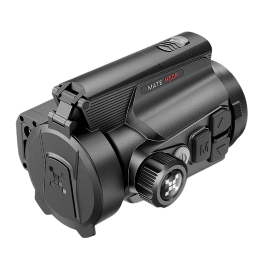 Nocpix H50R Thermal Clip on Front Right view of clip-on with focus knob and Laser range finder with model name on the chasis