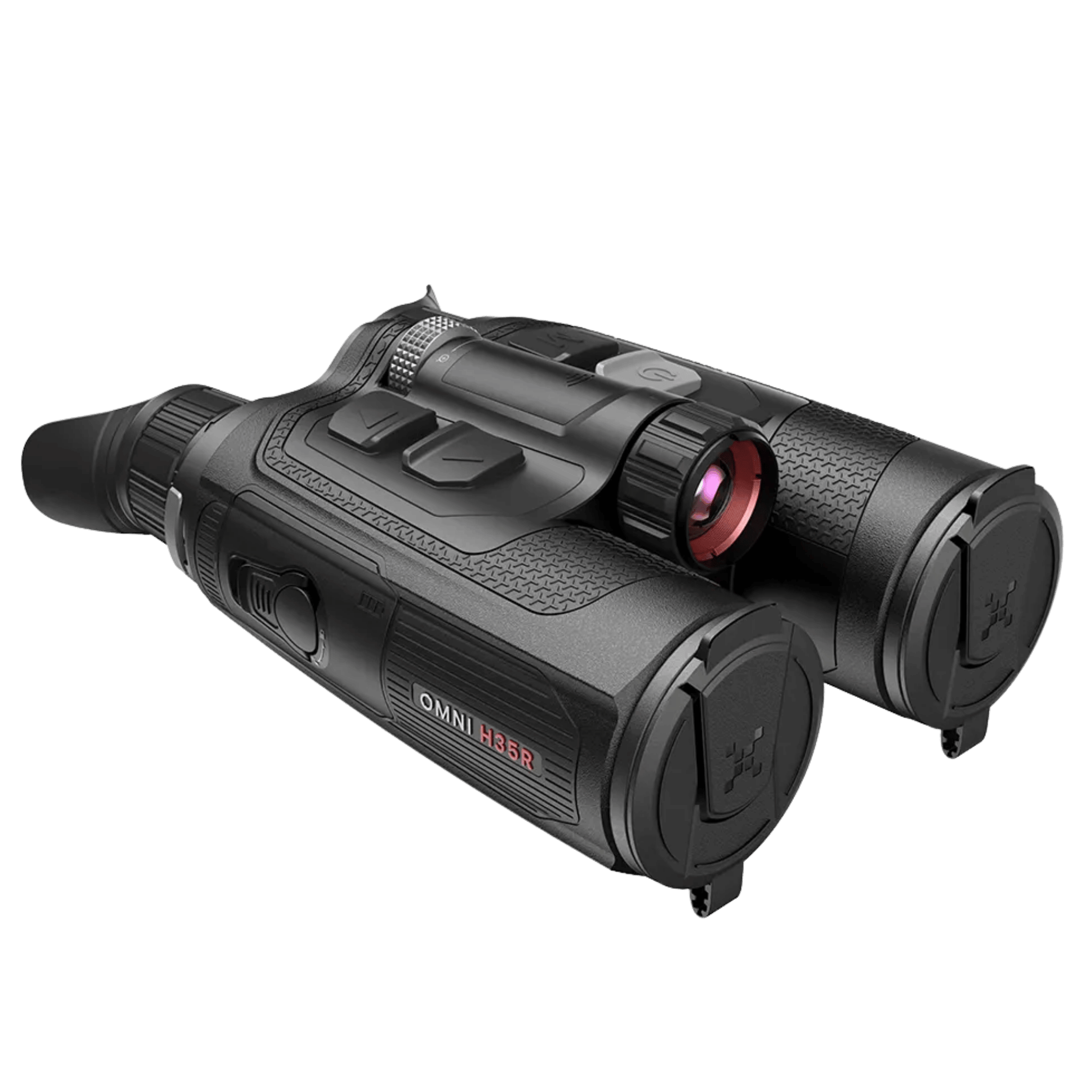 Elevated front left three-quarter angle of the Nocpix OMNI H35R displaying the dual-spectrum optical channels, top control interface, and red H35R barrel branding.