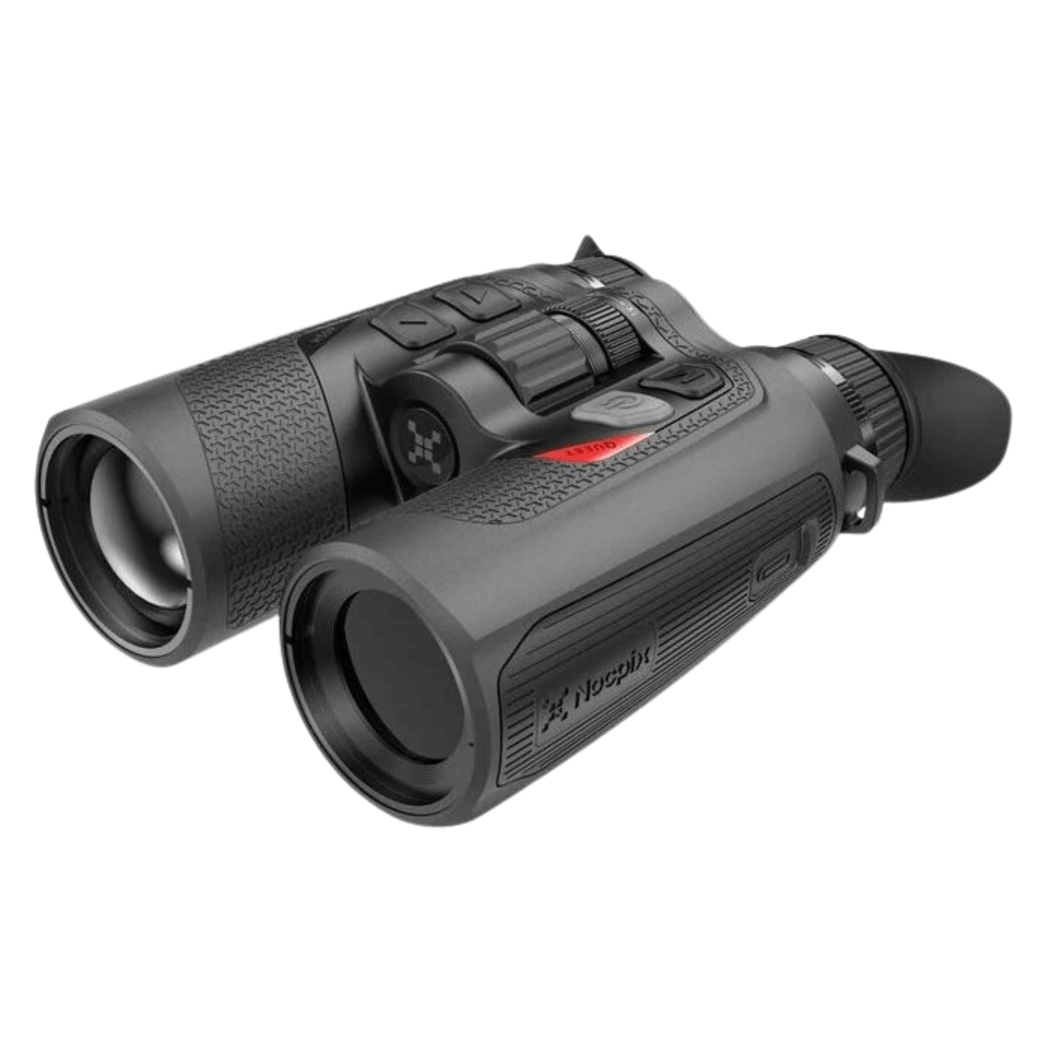 A compact, traditional thermal imaging binocular unit (Quest H35R) featuring a rugged full-rubber coating designed for one-handed operation Front right view of thermal binoculars.
