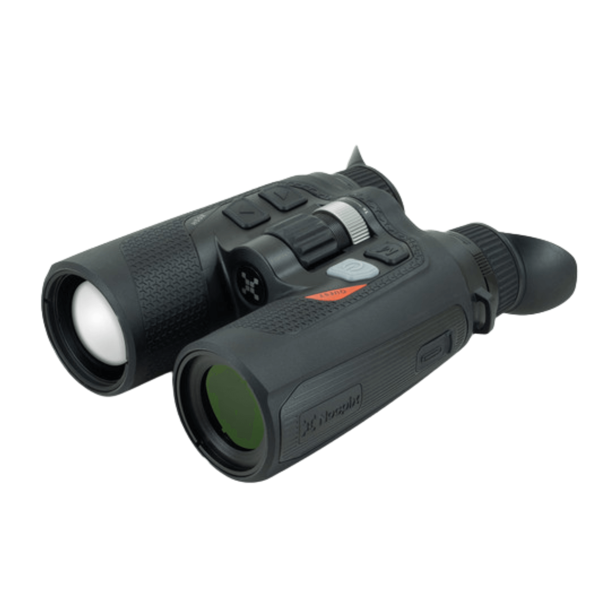 A professional thermal imaging binocular (Quest H50R), designed for long-range hunting, featuring a high-performance 640x512, 12µm sensor with NETD ≤15 mK, capable of detecting targets up to 2600 meters Front Right view of thermal binoculars with Nocpix logo