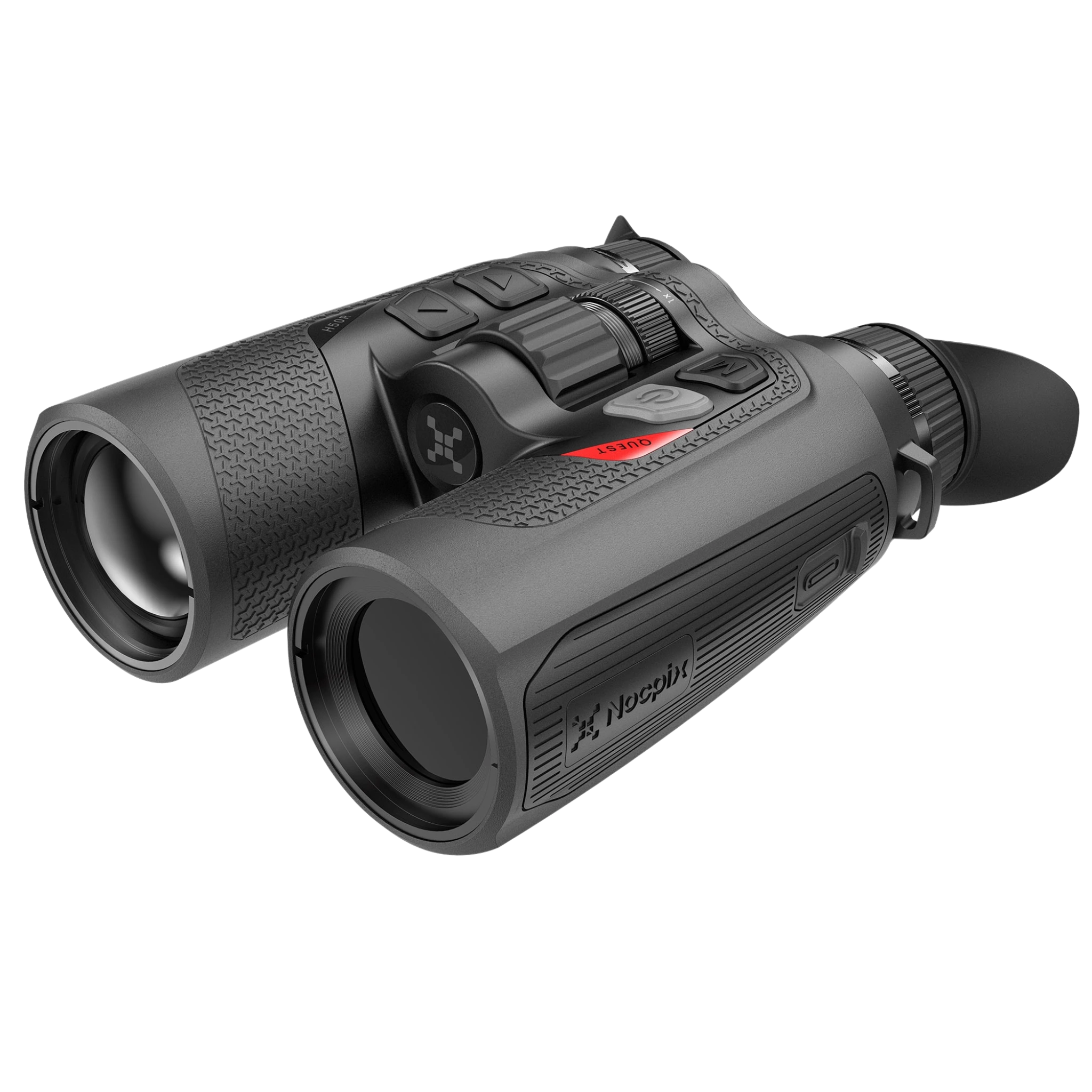 Nocpix QUEST Series Thermal Binoculars, Left view of the device displaying NOCPIX logo and form factor