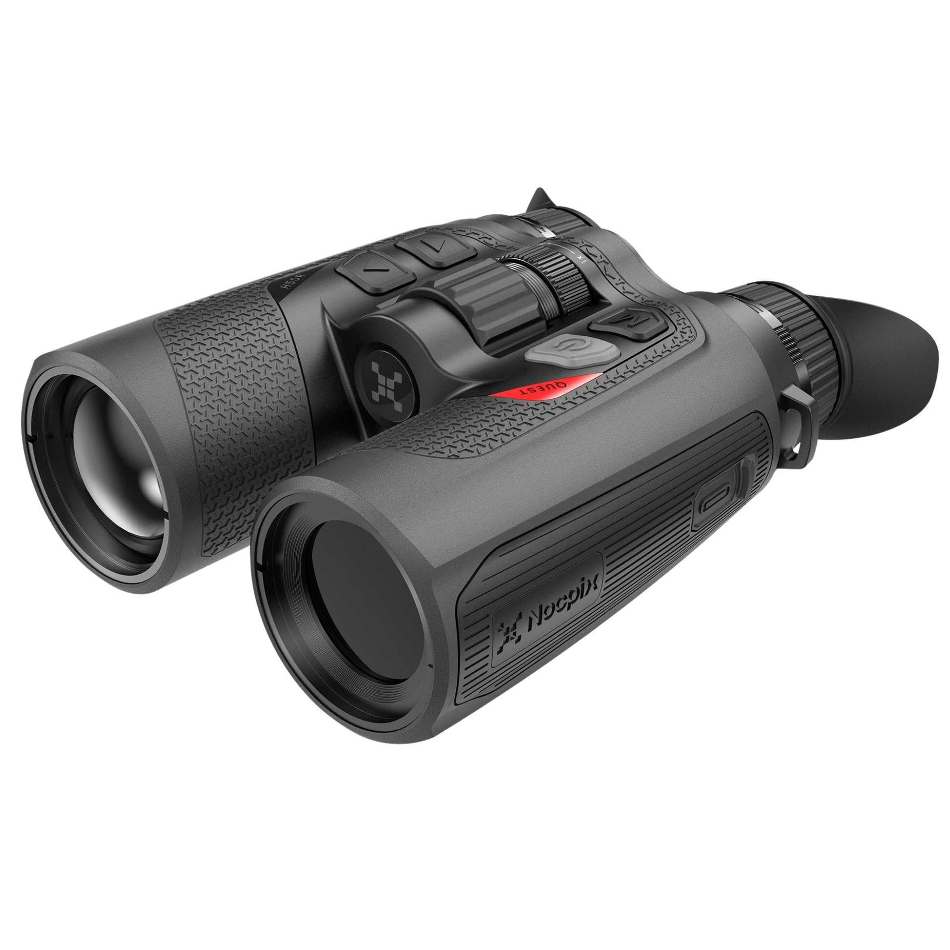 Nocpix QUEST Series Thermal Binoculars, Left view of the device displaying NOCPIX logo and form factor