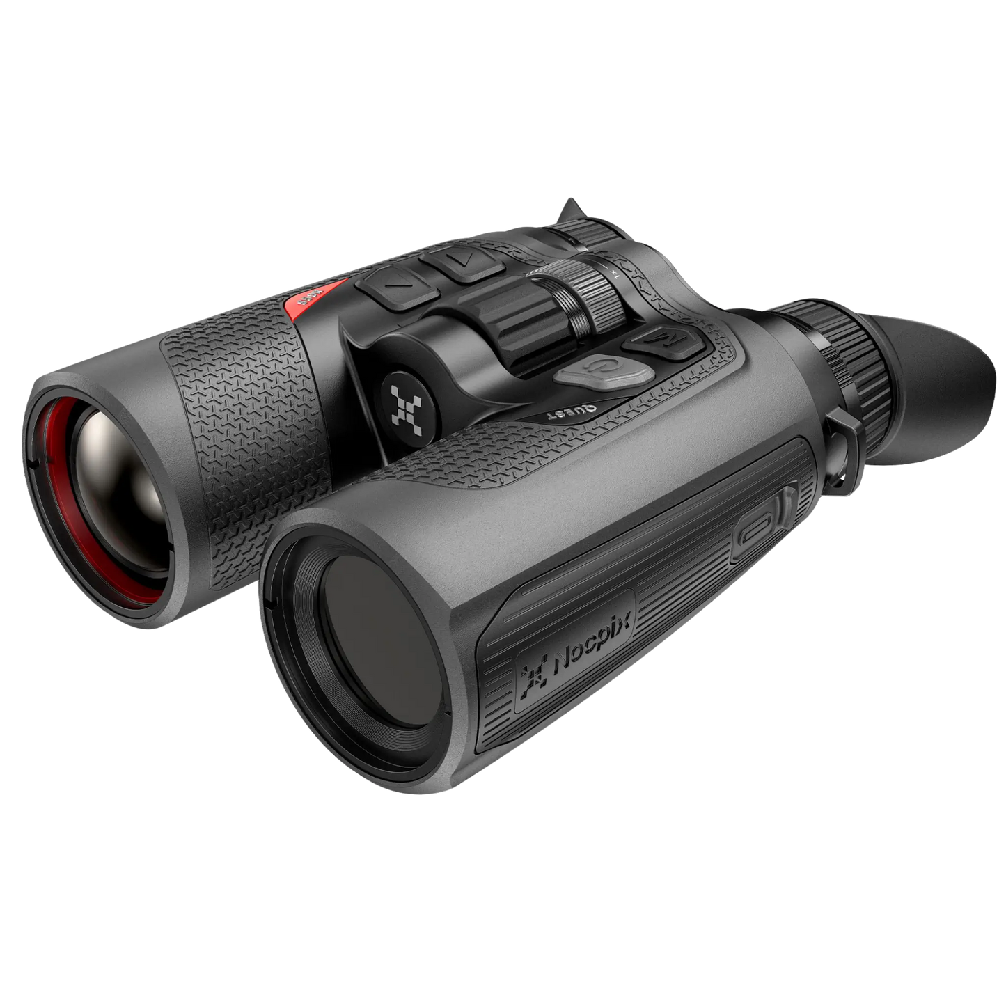 Front-right view of the Nocpix Quest S50R Thermal Binoculars, showcasing the rugged rubberised grip texture and the side profile of the 50mm objective lens barrel.