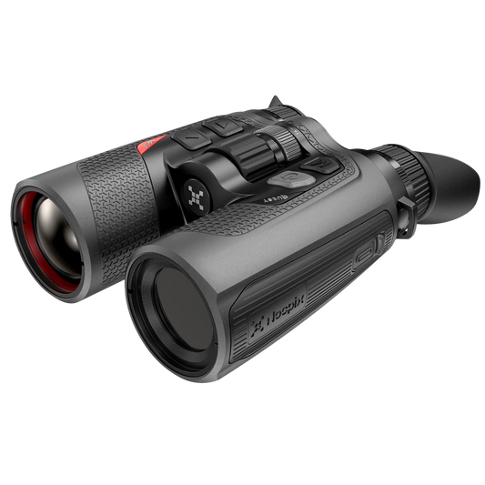 Front-right view of the Nocpix Quest S50R Thermal Binoculars, showcasing the rugged rubberised grip texture and the side profile of the 50mm objective lens barrel.