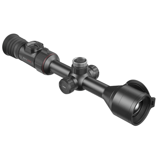 Front left view of the Nocpix ACE 2 H35R thermal riflescope showcasing the 35mm F0.9 objective lens, central turret focus wheel, and ergonomic top-mounted control pad.