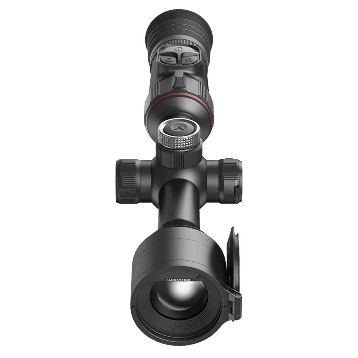Front left view of the Nocpix ACE 2 H35R thermal riflescope showcasing the model branding, battery cap assembly, and ocular diopter adjustment ring.