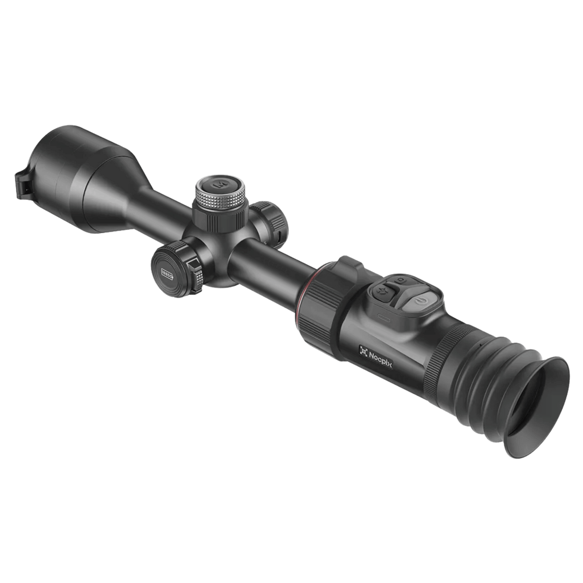 Front left perspective view of the Nocpix ACE 2 H35R thermal riflescope showcasing the model branding, battery cap assembly, and ocular diopter adjustment ring.