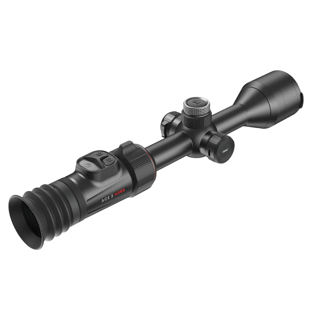 Rear right perspective view of the Nocpix ACE 2 H35R thermal riflescope showcasing the manufacturer branding, model designation, and the robust 30mm chassis.