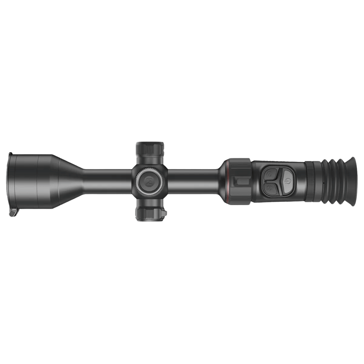 Top down left perspective view of the Nocpix ACE 2 H35R thermal riflescope showcasing the top-mounted digital turret controls, battery cap assembly, and sleek, low-profile bridge alignment